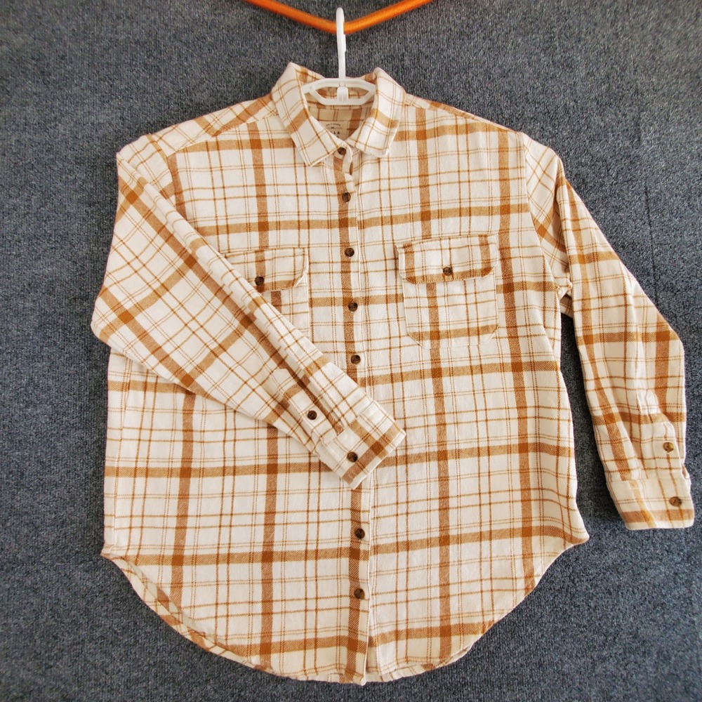 Billabong Shirt Womens L Flannel Cream Tan Plaid Button Down Long Sleeve
